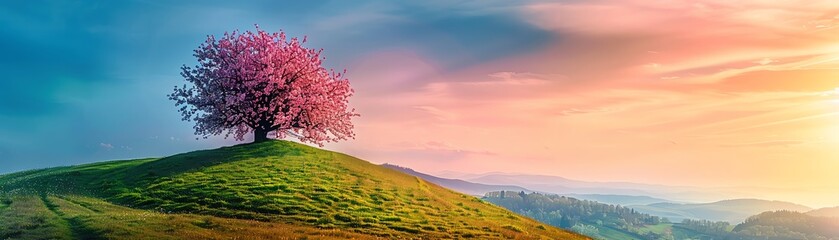 A cherry blossom tree in full bloom stands on a hilltop overlooking a valley