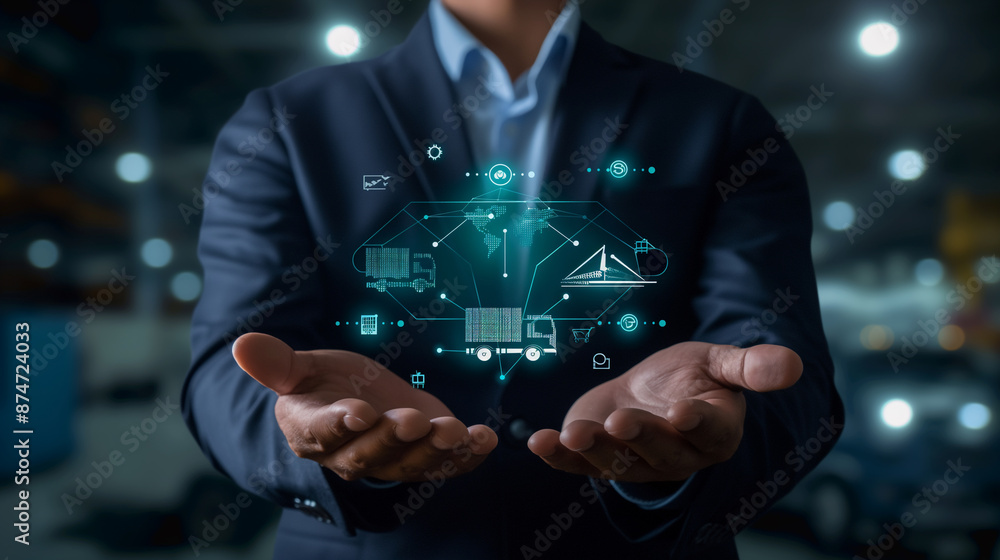 Poster strategic transport management concept. businessman demonstrates virtual supply chain icon for optim