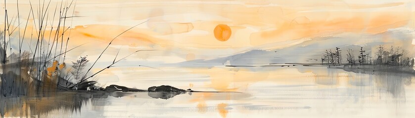 A beautiful watercolor painting of a lake at sunset