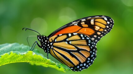 Fototapeta premium A monarch butterfly perches on a leaf, its wings spread wide