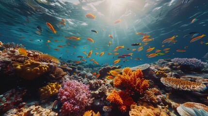 Obraz premium mesmerizing underwater landscape featuring a colorful coral reef and a diverse array of fish gracefully moving through the water Generative AI