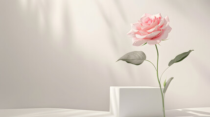 Minimal 3D display with pastel pink rose and white background, showcasing elegant cosmetic presentation