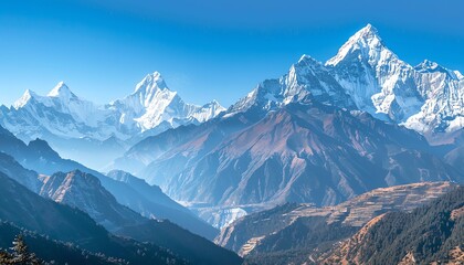 Himalayas. The mountains are covered in snow and ice. The sky is clear and blue. The sun is shining.