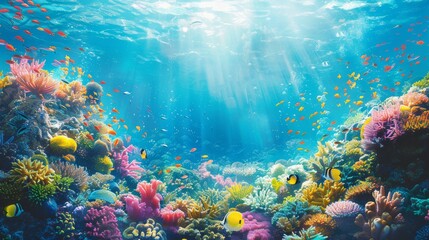 mesmerizing underwater landscape featuring a colorful coral reef and a diverse array of fish gracefully moving through the water Generative AI