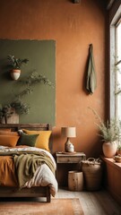 earthy tones like terracotta olive green and mustard y background