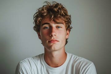 Obraz premium Close-up of a young adult with curly hair in a contemplative mood, wearing a white shirt against a grey background