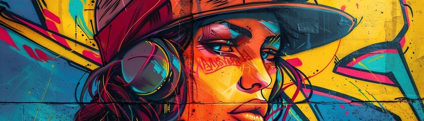 A graffiti of a young woman wearing a cap and headphones