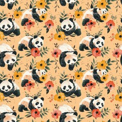 Obraz premium Panda pattern with flowers