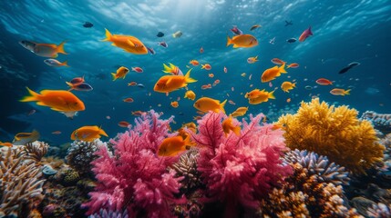 Fototapeta premium dynamic underwater scene with vibrant coral formations and fish of various colors and patterns swimming together Generative AI