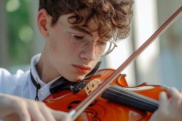 Focused teenager practices violin, showcasing his musical talent in an outdoor setting