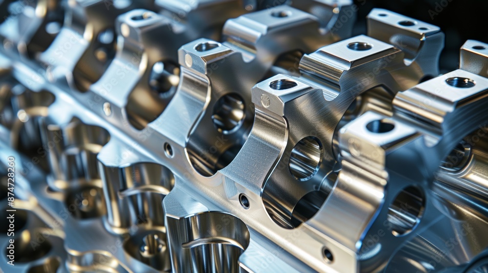 Poster a closeup of a vshaped engine block with multiple layers of metallic components stacked on top of ea