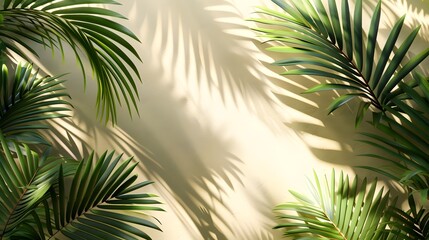 Fototapeta premium 3d render, abstract tropical leaves and palm tree shadows on beige background. Green plants and sunlight shadow. summer concept banner design. Mockup for product presentation.