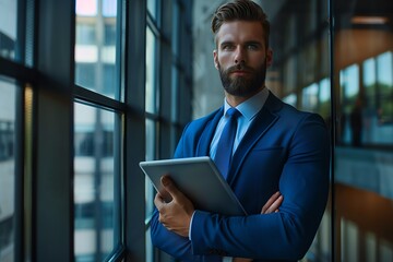Fototapeta premium Professional Businessman with Tablet in Modern Office Setting Entrepreneur Workspace