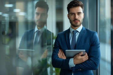 Fototapeta premium Professional Businessman with Tablet in Modern Office Setting Entrepreneur Workspace