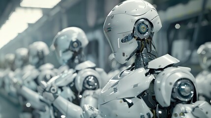 Fototapeta premium These robots exhibit advanced AI capabilities and are equipped with intricate mechanical parts, performing tasks with precision and efficiency.