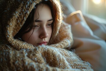 Young Woman Wrapped in a Blanket