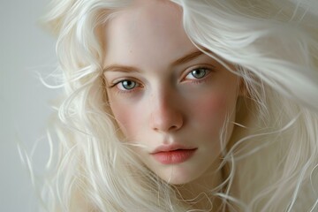Naklejka premium Close-up portrait of a woman with striking white hair and captivating eyes, exuding calmness