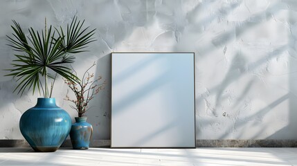 A contemporary, square canvas mockup centered on a light grey wall, flanked by a vibrant, blue ceramic vase. for demonstrating artwork or decorative concepts in modern interior environments.