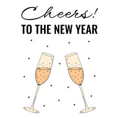 Champagne festival poster Cheers to the New Year. Two champagne glass. Funky alcohol design for invitation, party, holiday. Retro vector illustration