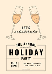 Champagne invitation for annual corporate holiday party. Two champagne glass and inscription. Alcohol design for invitation, party, holiday. Retro vector illustration © Dukhanina Ekaterina