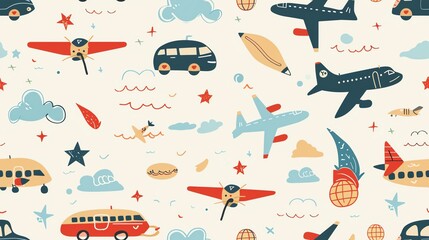 Naklejka premium Design a seamless pattern with transportation motifs like airplanes, cars, and trains