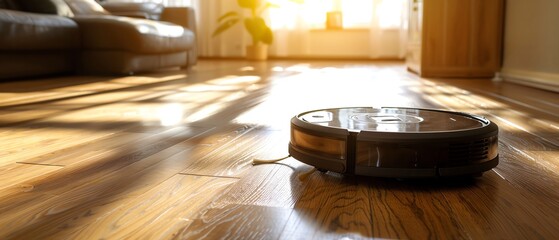 Obraz premium Efficient robot mops cleaning a hardwood floor, showing their capabilities