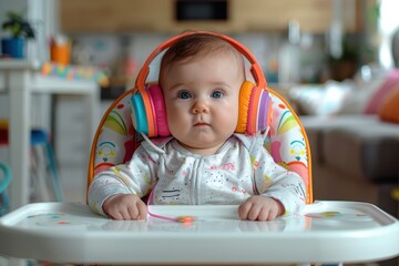 Cute Baby Listening to Music with Headphones