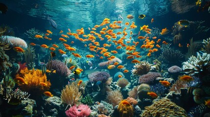 Naklejka premium stunning underwater view of a coral reef bustling with life, showcasing an array of fish species and coral varieties Generative AI