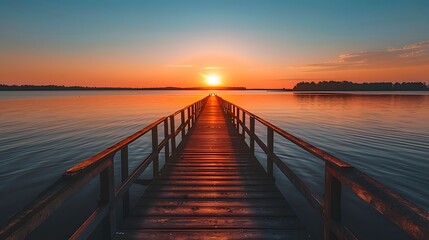 Obraz premium A long wooden pier extending into the water at sunset, with the sun setting behind it and reflecting on the calm waters below.