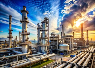Industrial landscape of petrochemical plant with pipelines, valves, and storage tanks under blue sky with fluffy white clouds and misty atmosphere.