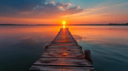 Obraz premium A long wooden pier extending into the water at sunset, with the sun setting behind it and reflecting on the calm waters below.
