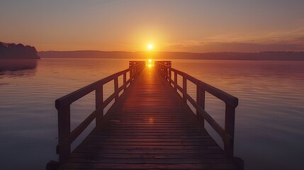 Fototapeta premium A long wooden pier extending into the water at sunset, with the sun setting behind it and reflecting on the calm waters below.