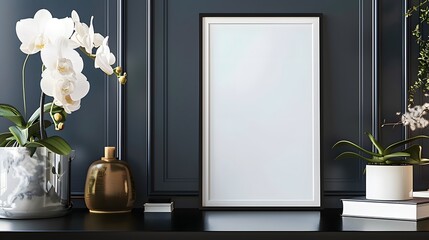 A minimalist vertical frame mockup positioned on a sleek black desk, accompanied by an elegant, white orchid. perfect for showcasing sophisticated  photography in interior design layouts.