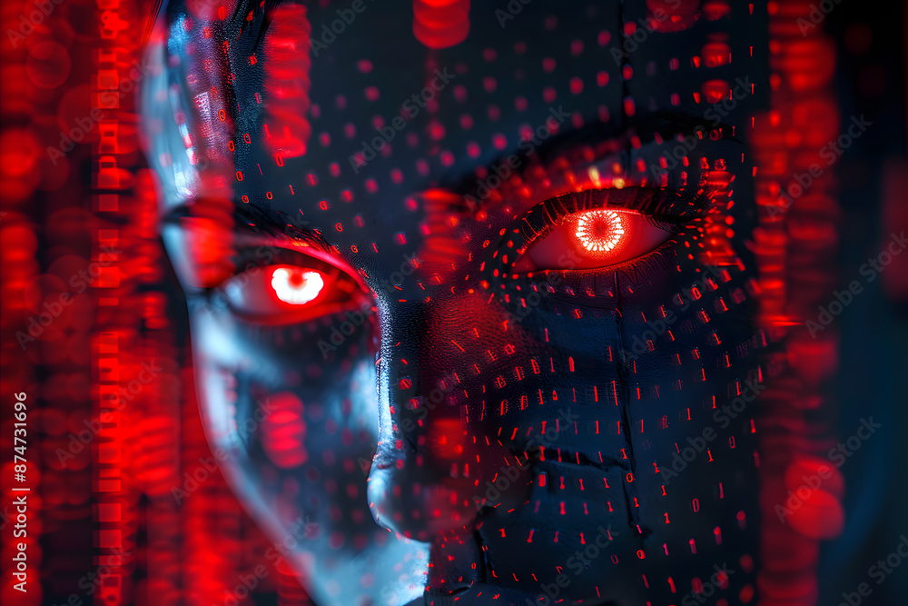 Poster genderless person face, red glowing abstract digital background. evil artificial intelligence threat