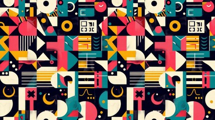 Fototapeta premium A seamless pattern featuring geometric shapes in a variety of vibrant colors, creating a bold and modern design suitable for contemporary decor and fashion.