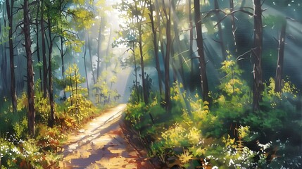 Obraz premium Illustration of mystic forest - ethereal beauty - mountain trail - path - sunlight beaming through the trees - Beaty of nature - terrific lighting 