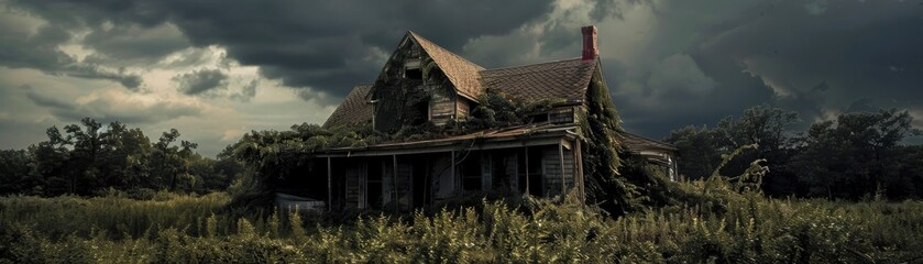 Dilapidated home with overgrown vegetation, dark sky background, realistic economic despair