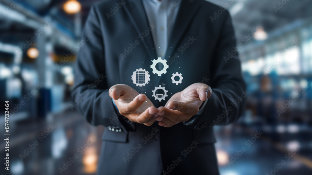 Poster industrial productivity enhancement concept. businessman interacts with productivity icon on virtual