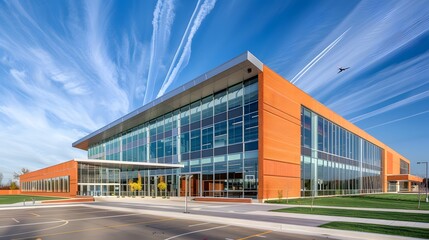 Fototapeta premium An architectural photograph of a modern school building exterior on a bright and sunny day with a blue sky. A basketball court is visible in the background.