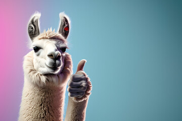 Obraz premium Funny alpaca llama, smiling, showing approving thumbs up to appreciate good work or product. Wide banner with copy space side.&nbsp;