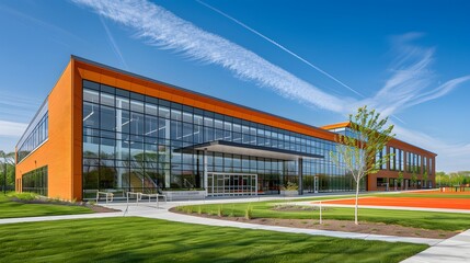 Fototapeta premium An architectural photograph of a modern school building exterior on a bright and sunny day with a blue sky. A basketball court is visible in the background.