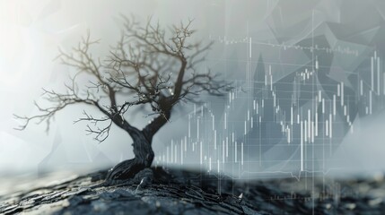 Withered tree, plummeting stock graph in background, realistic financial turmoil