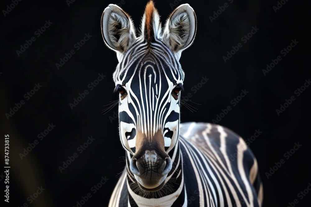 Poster close-up of a zebra staring directly into the camera with sharp focus on its striking stripes