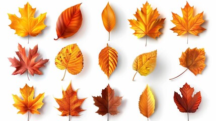 Obraz premium a collection of autumn leaves clipart, seasonal element, 3D illustration, rich orange, isolated on white background