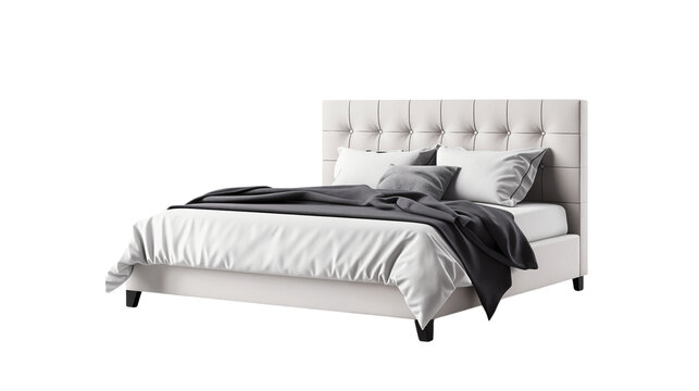 Minimalist style of bedroom interior, modern furniture of a bed with blanket and pillows, isolated on transparent background