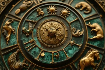 Obraz premium Close-up of vintage bronze antique astrological sundial with intricate engraved and embossed astrological symbols. Representing zodiac signs and celestial figures