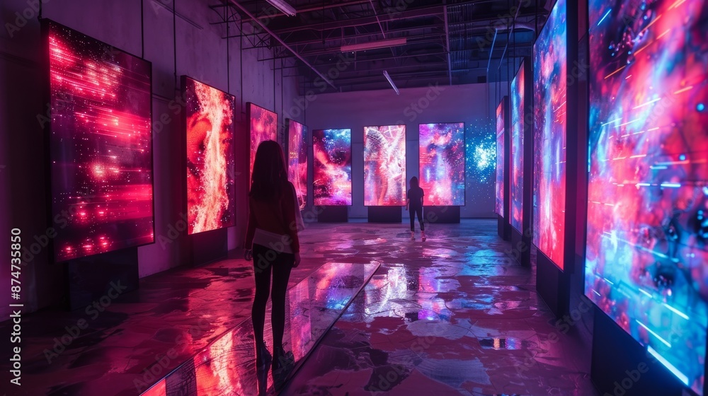 Poster dark, futuristic room filled with neon light strips and holographic interfaces, creating an immersiv