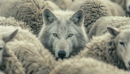 Obraz premium A lone wolf stands in a field of sheep