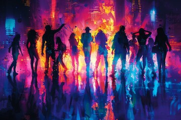 Silhouetted dancers with neon colors and dynamic movements against a dark background.