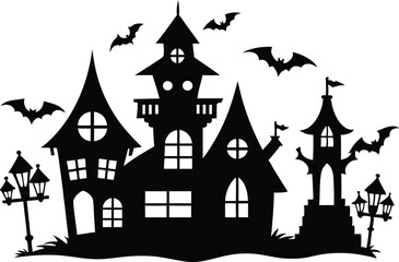 A Silhouette Vector Of Halloween Haunted House, Haunted House silhouette vector collection, Ghost House silhouette, halloween at night and bats house
